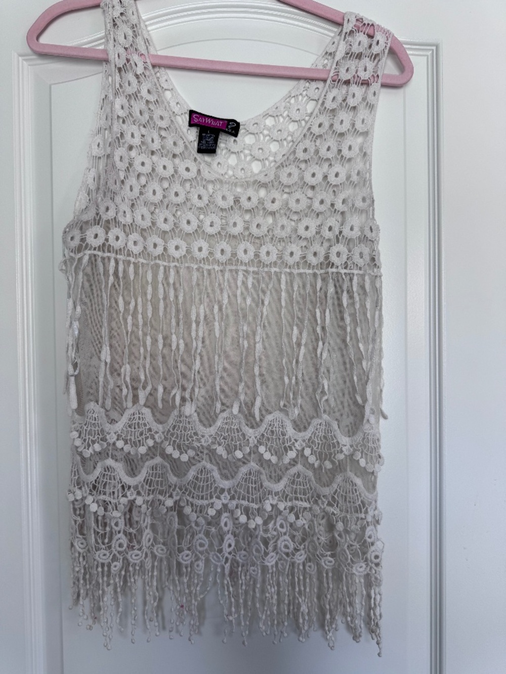 Vintage Say What? White Crochet Lace Fringe Tank Top Y2K Boho Festival Size L